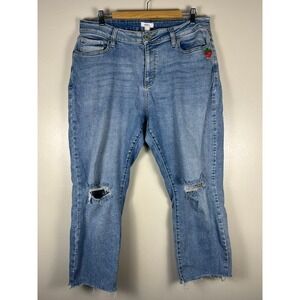 Forever 21+ Premium Upcycled‎ Embroidered Distressed Straight Leg Jeans Size 14